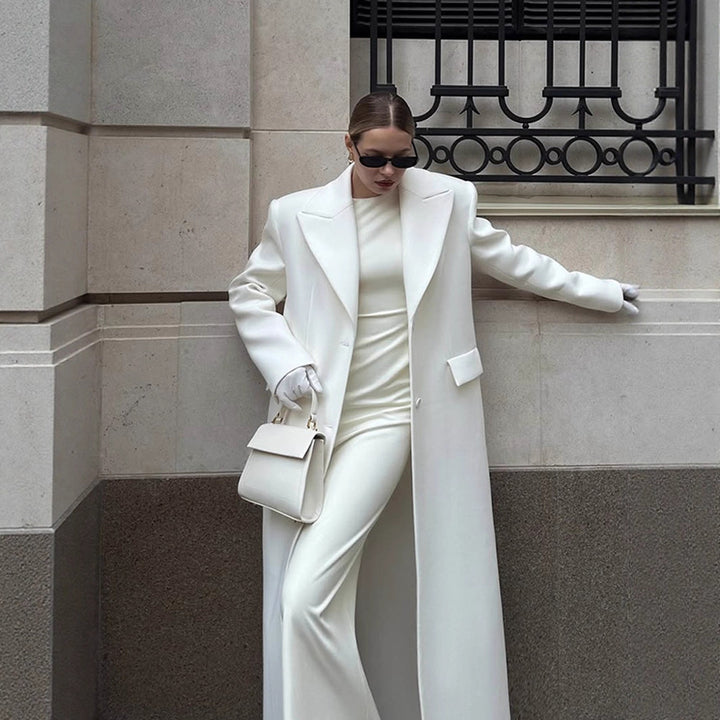 Damen Maxilanger Oversize-Wollmixmantel mit markanten Schulterpolstern und Reverskragen Drune