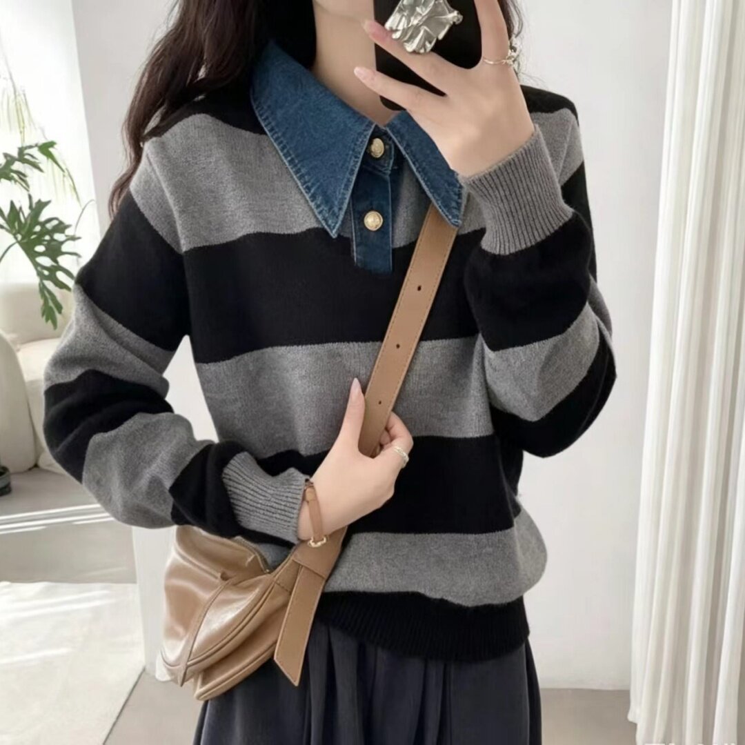 Damen Stilvoller Pullover mit Denim-Kragen Drune