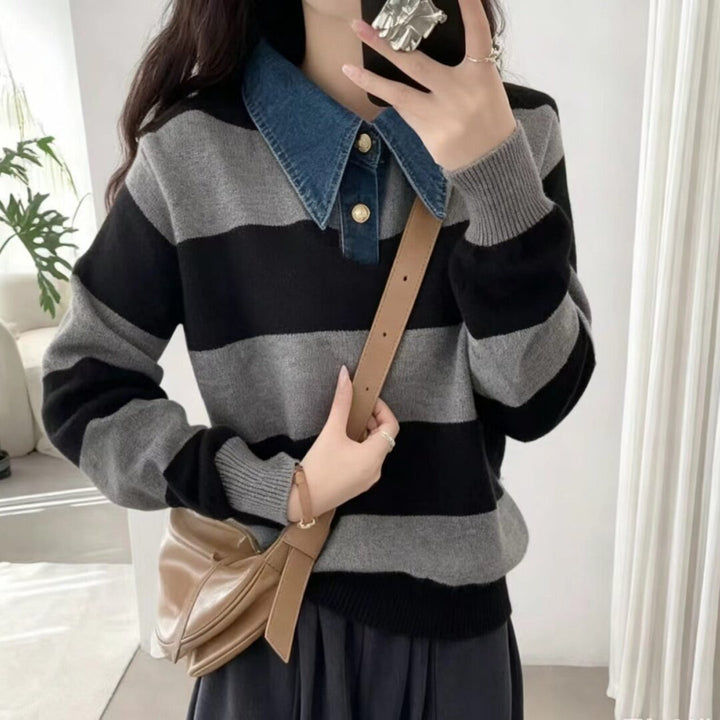 Damen Stilvoller Pullover mit Denim-Kragen Drune