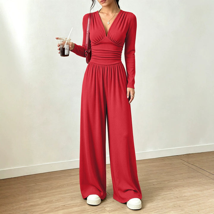 Damen Eleganter V‑Ausschnitt Jumpsuit mit tailliertem Wickelbund und weitem Hosenbein Drune