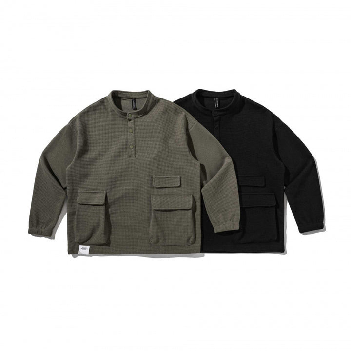 Unisex Oversize Waffelstrick-Henley-Sweatshirt mit Stehkragen, Druckknopfleiste und Utility-Taschen Drune