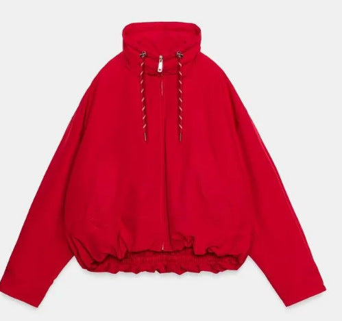 Damen Oversize Cropped Kapuzenjacke mit durchgehendem Reißverschluss, Kordelzug und gerafftem Saum Drune