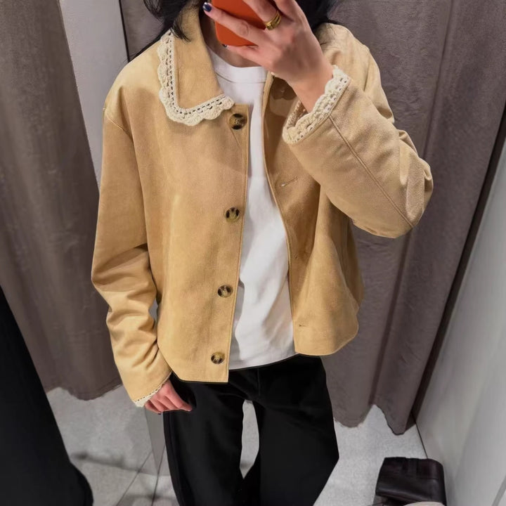 Damen Kurzjacke mit Häkelspitzenkragen und Spitzenmanschetten Drune