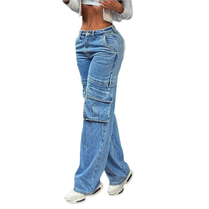 Damen tiefsitzende Wide‑Leg Cargo-Jeans mit XXL-Klappentaschen Drune