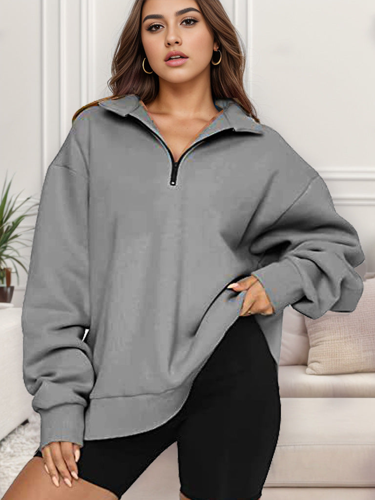 Damen nan übergroßes Sweatshirt mit Halbreißverschluss und Stehkragen Drune