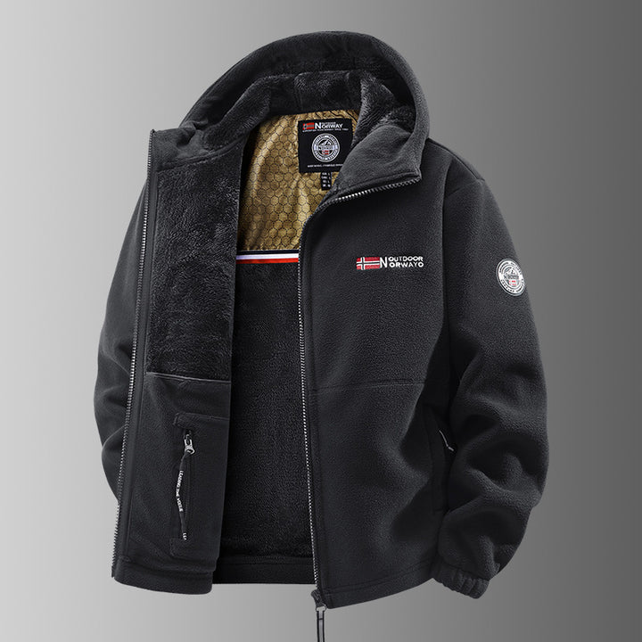 Herren Kuschelige Fleece‑Kapuzenjacke mit Teddyfutter, windabweisend und Reißverschlusstaschen Drune