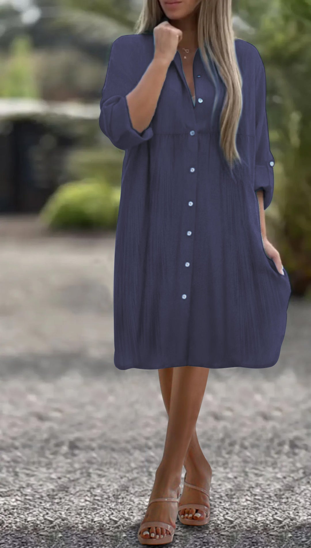 Damen Lockeres Hemdkleid mit Knopfleiste, 3/4-Ärmeln und Seitentaschen Drune