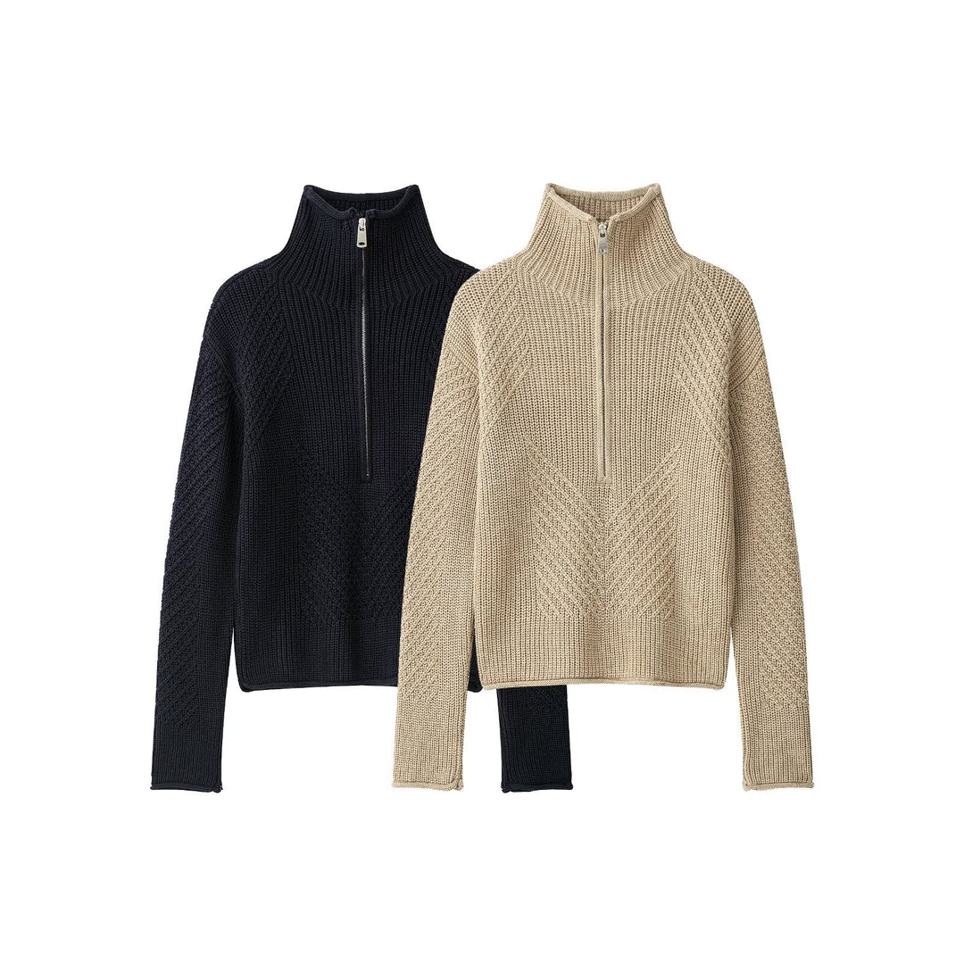 Damen Grobstrick-Pullover mit halbem Reißverschluss und hohem Stehkragen Drune