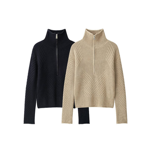 Damen Grobstrick-Pullover mit halbem Reißverschluss und hohem Stehkragen Drune