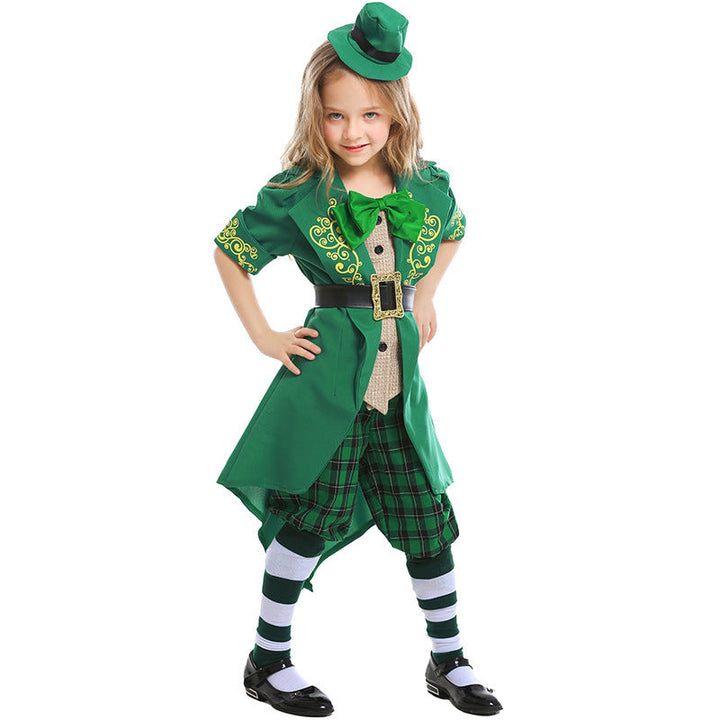 Mädchen Kostüm als irischer Leprechaun mit Hut und Schürze Drune