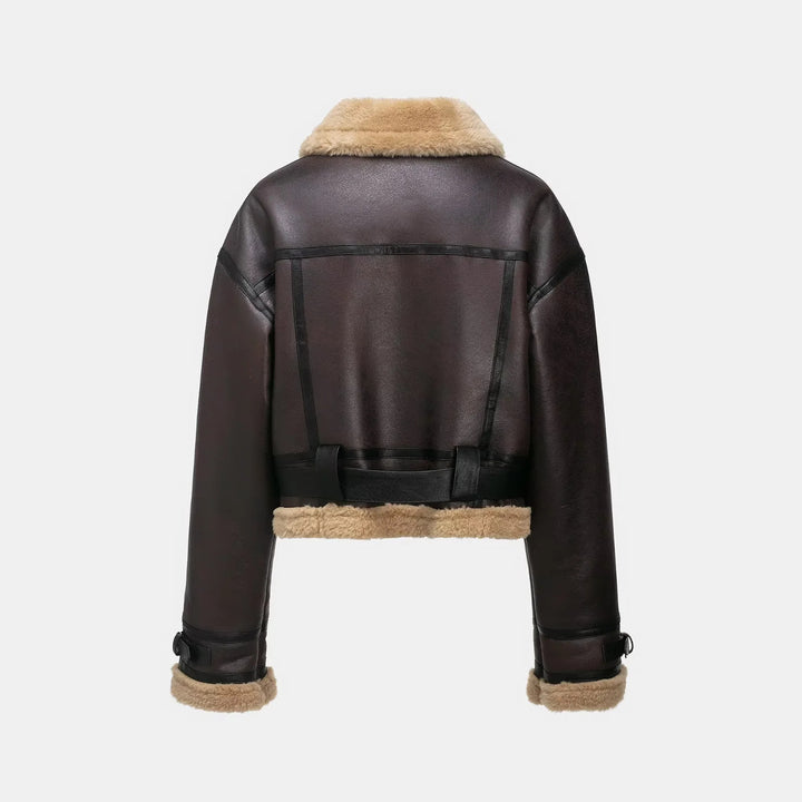 Damen nan cropped Aviatorjacke mit Bundgürtel, sichtbarer Metallreißverschluss und Teddyfutter Drune