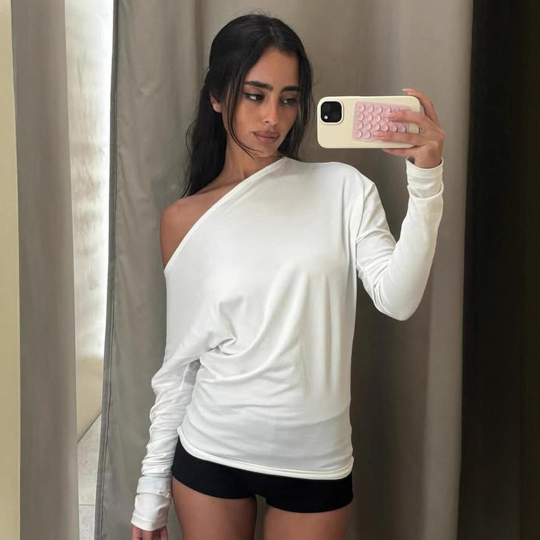 Damen nan asymmetrisches Off-Shoulder Longsleeve mit taillierter Silhouette und Daumenloch-Ärmeln Drune