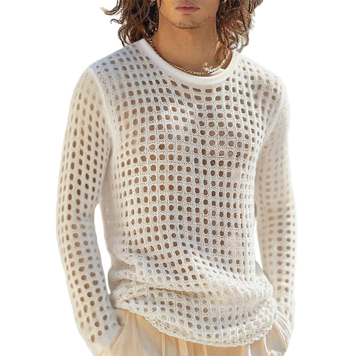 Herren nan luftiger durchbrochener Strickpullover mit quadratischem Netzmuster und Rundhalsausschnitt Drune