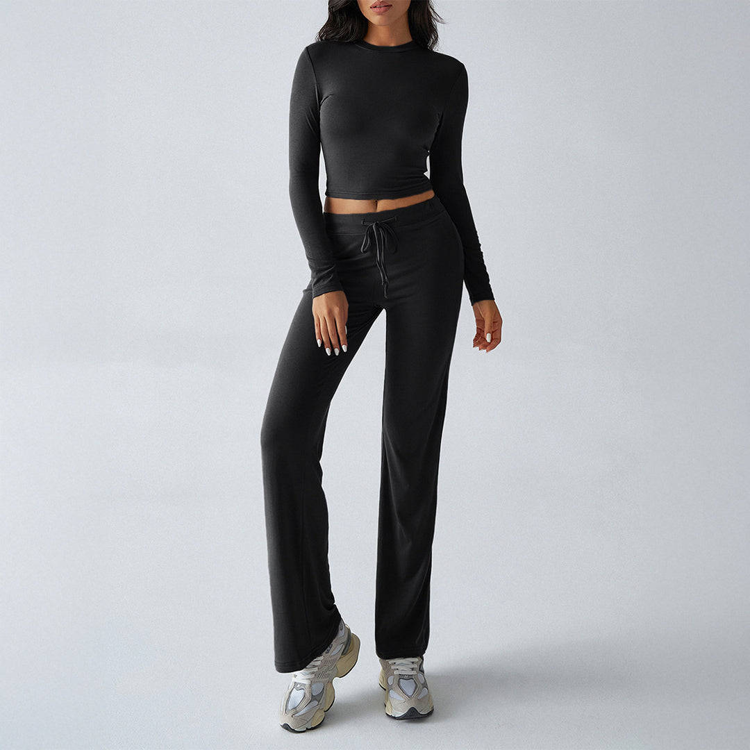 Damen nan tailliertes Longsleeve-Crop-Top und weite Lounge-Hose im Zweiteiler-Set aus Stretchjersey Drune