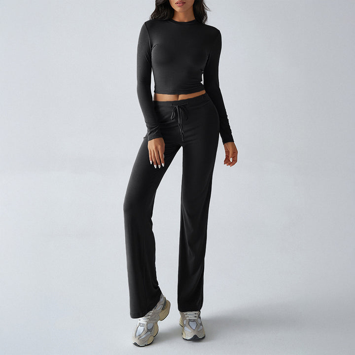 Damen nan tailliertes Longsleeve-Crop-Top und weite Lounge-Hose im Zweiteiler-Set aus Stretchjersey Drune