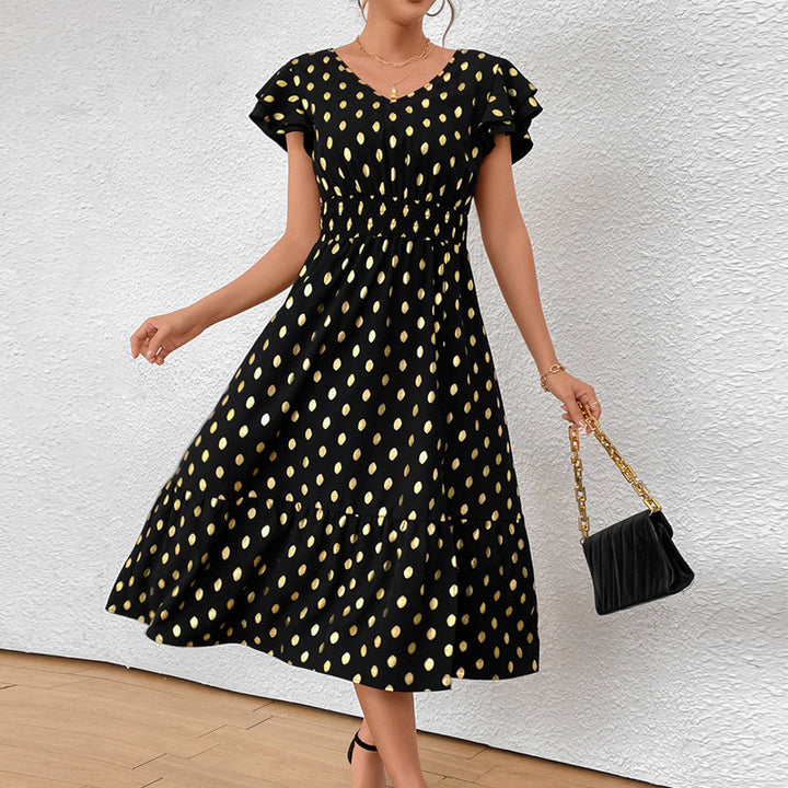Damen Maxikleid mit Rüschendetails und schimmerndem Punktmuster Drune