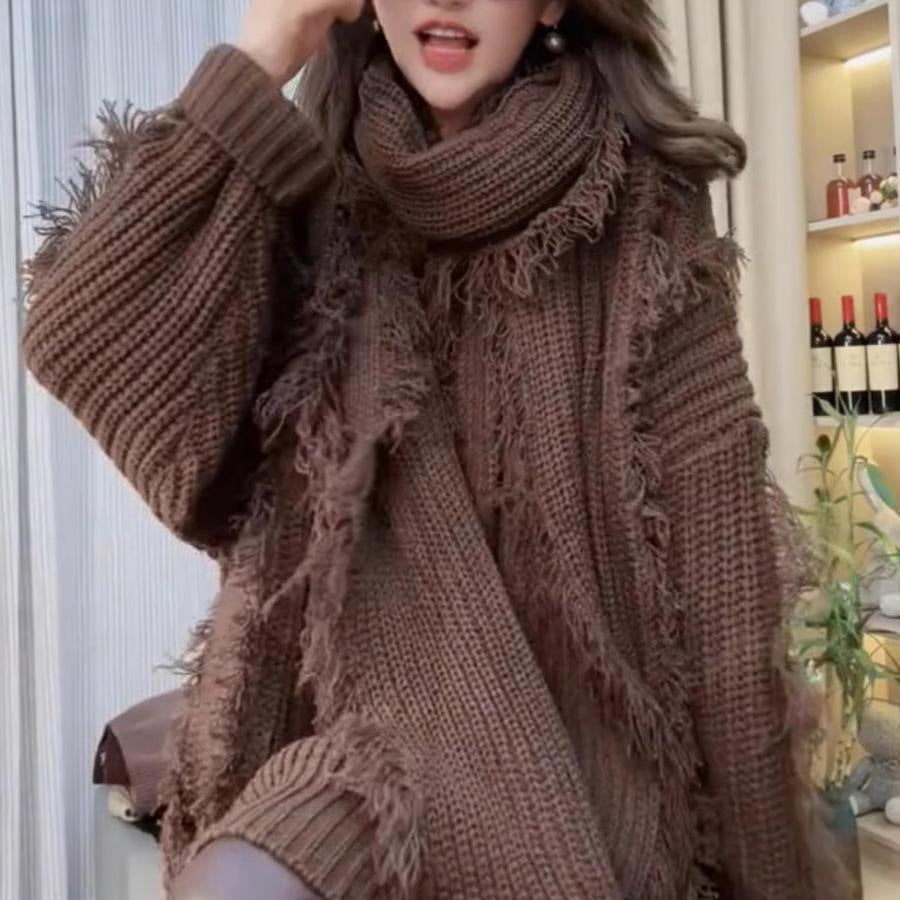 Damen Oversized Strickpullover mit Fransen und V-Ausschnitt Drune