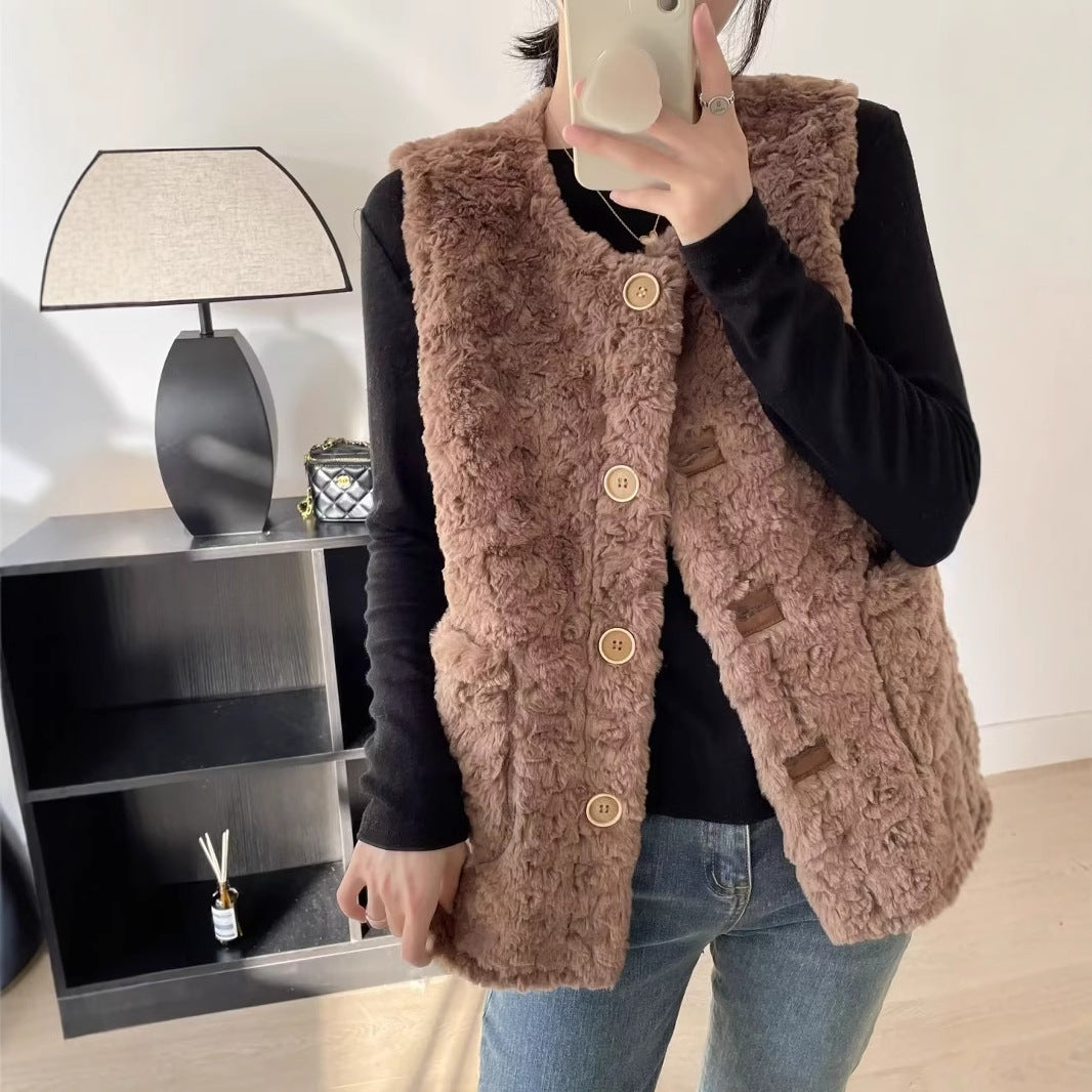 Damen gemütliche Teddy-Weste mit großen Taschen Drune