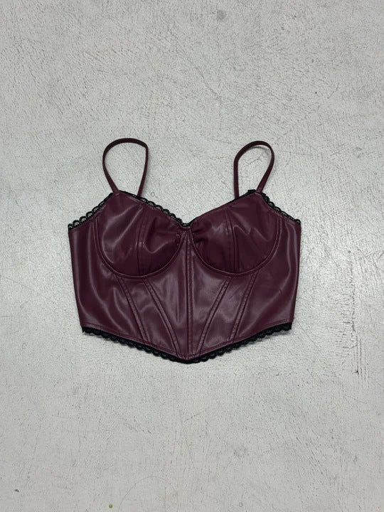 Damen Kunstleder Bustier mit verführerischen Spitzenakzenten Drune