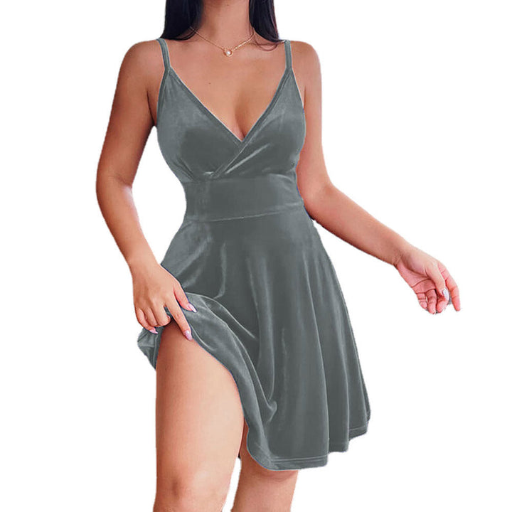 Damen edles Samtkleid im A-Linien Schnitt mit tiefem V-Ausschnitt und seitlichem Schlitz Drune