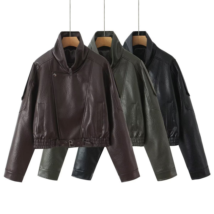 Damen Cropped Bikerblouson aus veganer Lederoptik mit asymmetrischer Frontpatte und Taillenbund Drune