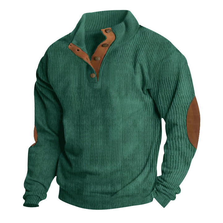 Herren nan grober Rippstrick-Pullover mit Stehkragen, Knopfleiste und markanten Ellenbogenpatches Drune