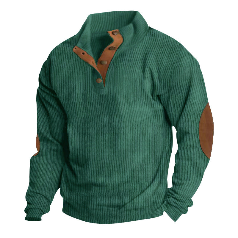 Herren nan rustikaler gerippter Pullover mit Henley-Kragen und lederartigen Ellbogenbesätzen Drune