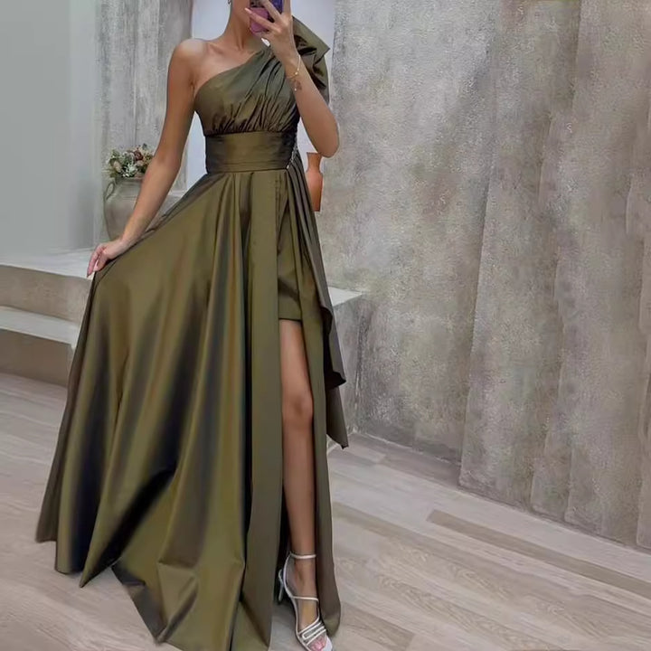Damen Asymmetrisches Abendkleid mit tiefem Beinschlitz und elegantem Drapierung Drune