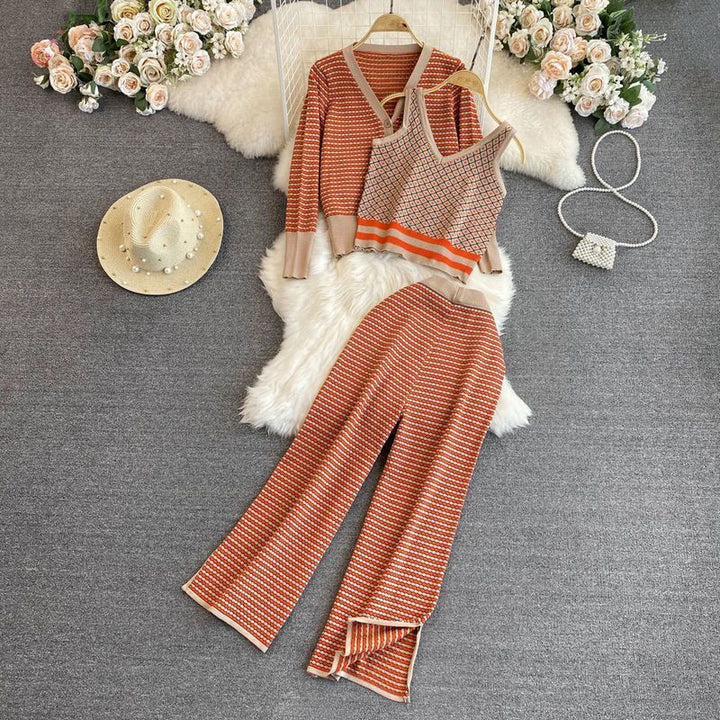 Damen stylisches Strick-Loungewear-Set mit tiefem V-Ausschnitt und weit geschnittenen Hosen Drune