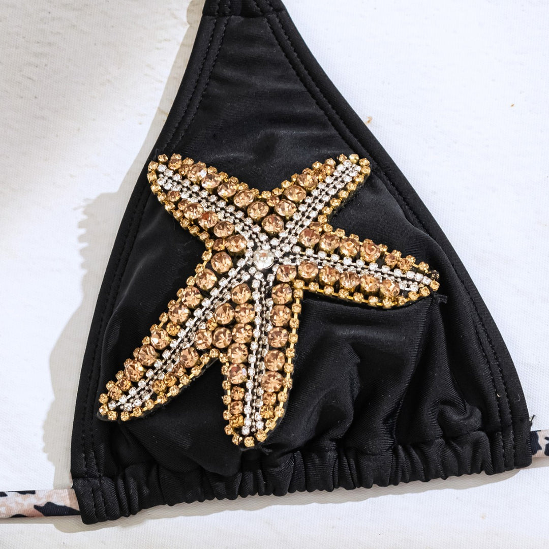 Damen Triangel-Bikini mit Glitzerstein-Dekoration und tierischem Muster Drune