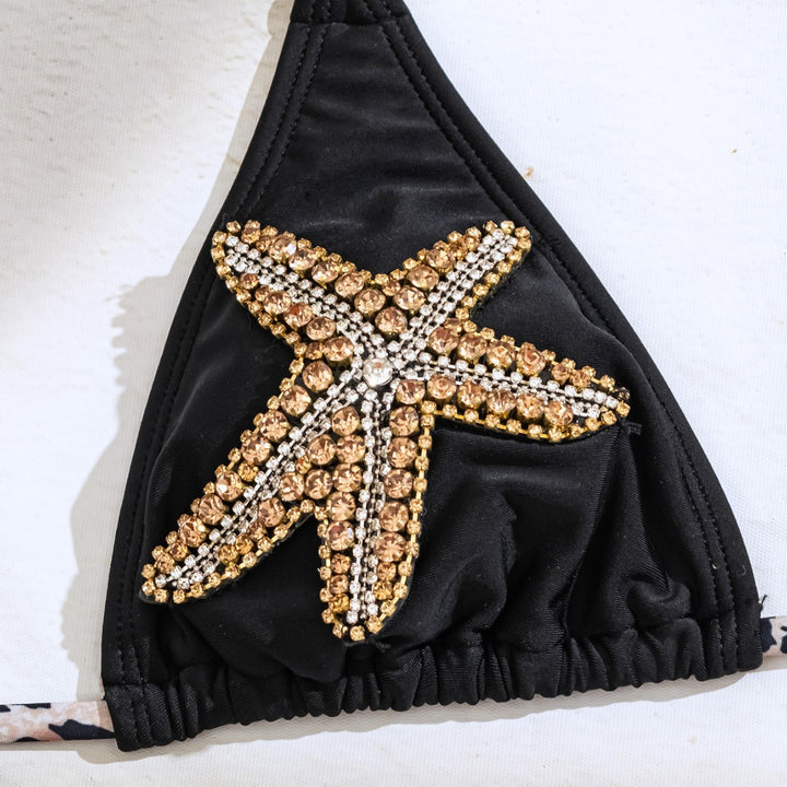 Damen Triangel-Bikini mit Glitzerstein-Dekoration und tierischem Muster Drune