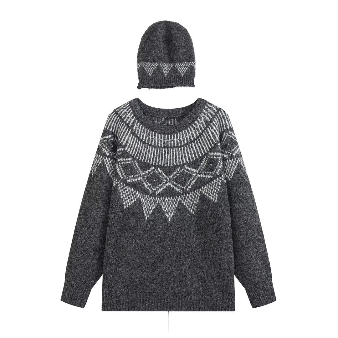 Damen Oversized Norweger-Strickpullover mit Rundhalsausschnitt und passender Mütze Drune