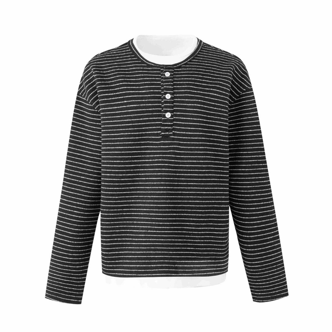 Damen Gestreiftes Langarm-Henley-Shirt mit Knopfleiste und Lagenlook Drune