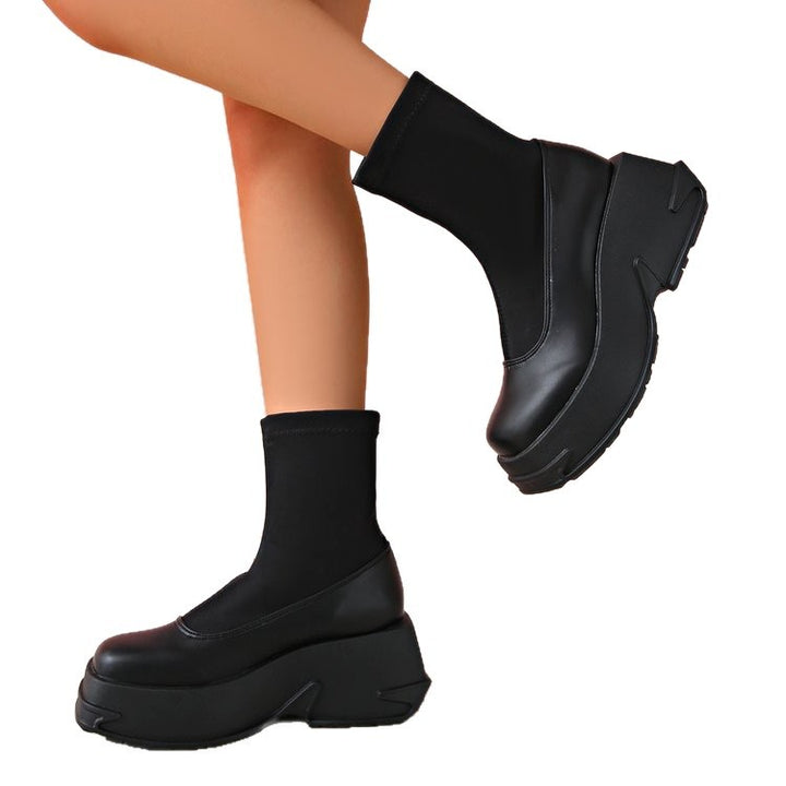 Damen Chunky Plateau‑Stiefelette mit elastischem Sock‑Schaft und skulpturierter Profillaufsohle Drune