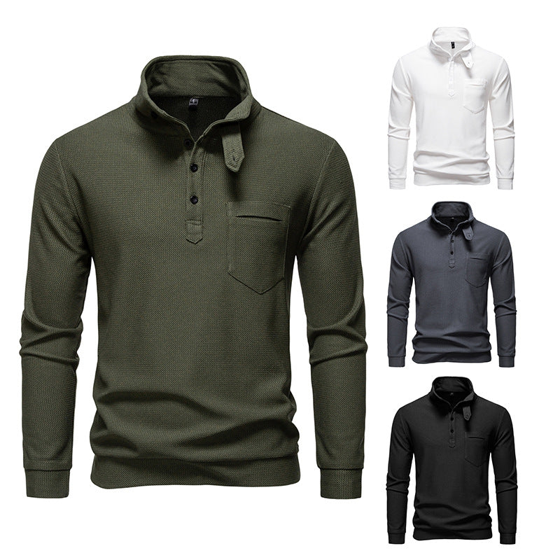 Herren Texturiertes Waffelstrick-Henleyshirt mit hohem Kragen, Knopfleiste und Brusttasche Drune
