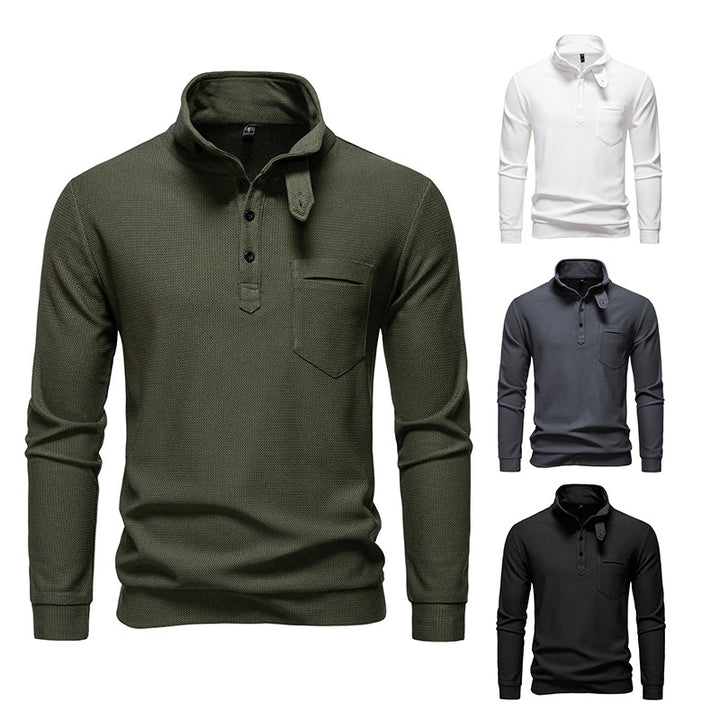 Herren Texturiertes Waffelstrick-Henleyshirt mit hohem Kragen, Knopfleiste und Brusttasche Drune