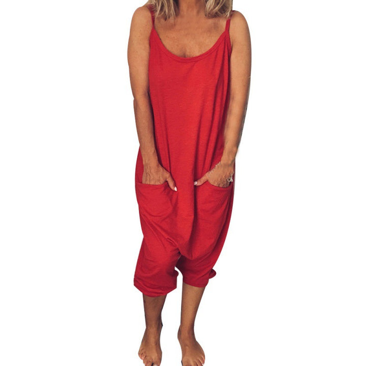 Damen lässiger Jumpsuit mit praktischen Taschen und Spaghettiträgern Drune