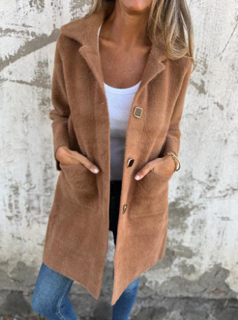 Damen Teddy-Mantel mit Oversize-Kragen, dekorativen Knöpfen und Eingrifftaschen Drune