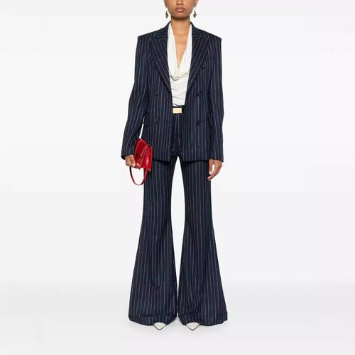 Damen Nadelstreifen Zweireihiger Blazer mit High‑Waist Schlaghose Drune