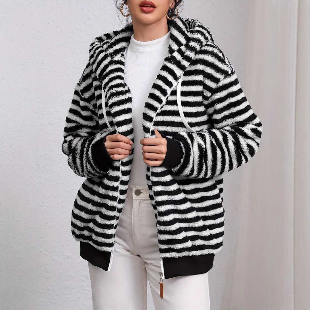 Damen kuschelige Kapuzenjacke mit gestreiftem Design und großer Tasche Drune