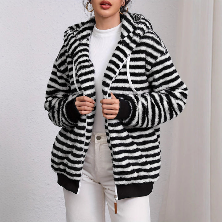 Damen kuschelige Kapuzenjacke mit gestreiftem Design und großer Tasche Drune