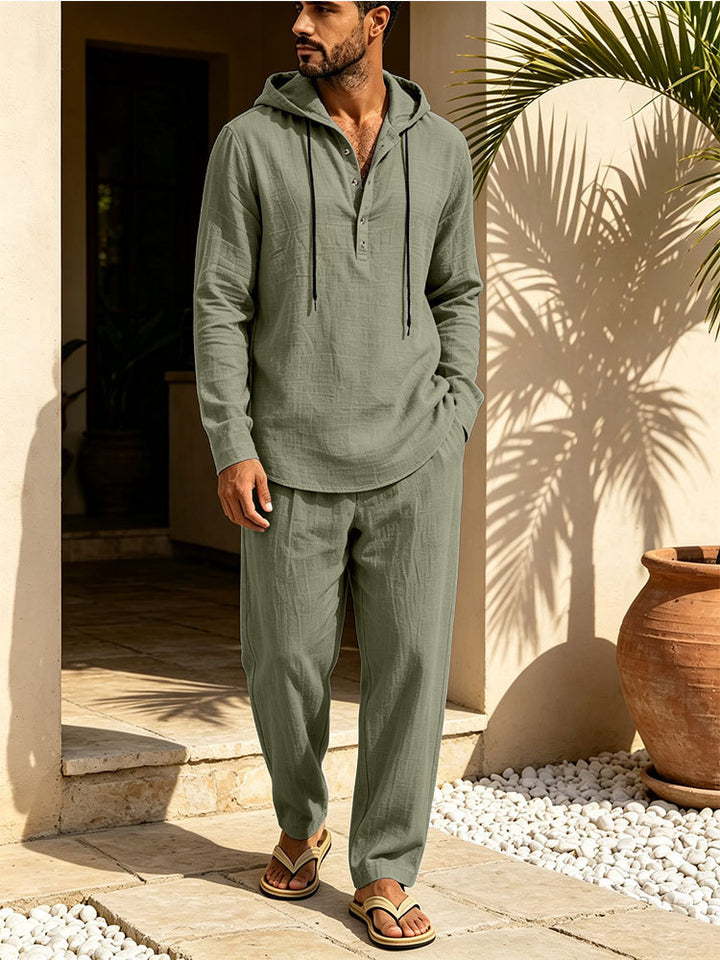 Herren Lässiges Leinen-Look Freizeit-Set mit Kapuzenhemd und weiten Hosen Drune