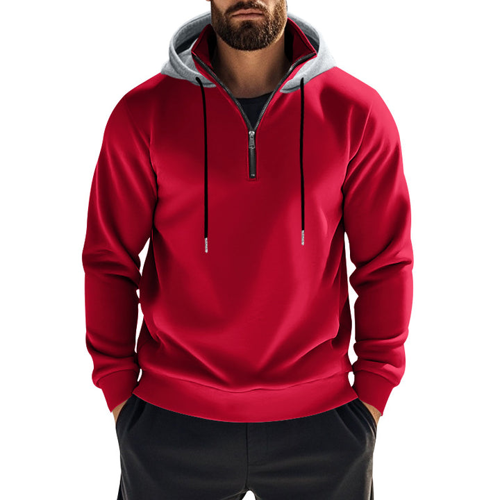 Herren nan sportives Kapuzen-Sweatshirt mit kurzem Frontreißverschluss, kontrastgefütterter Kapuze und elastischen Rippbündchen Drune
