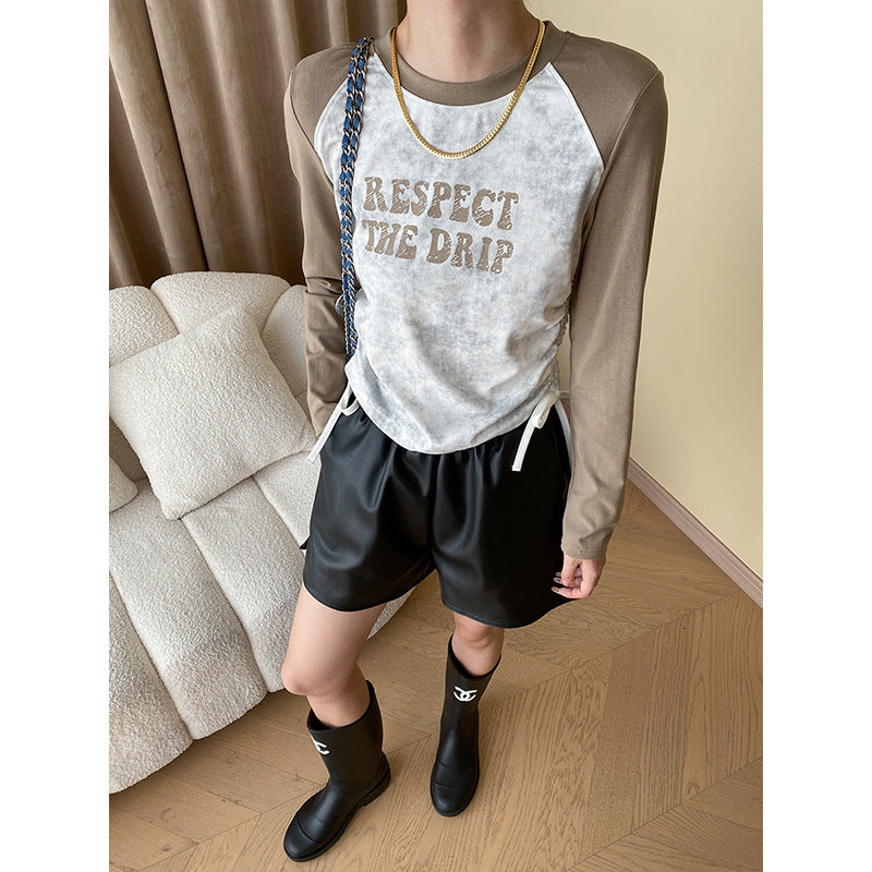 Damen lässiges Raglan-Shirt mit kreativem Aufdruck und modernen Designelementen Drune
