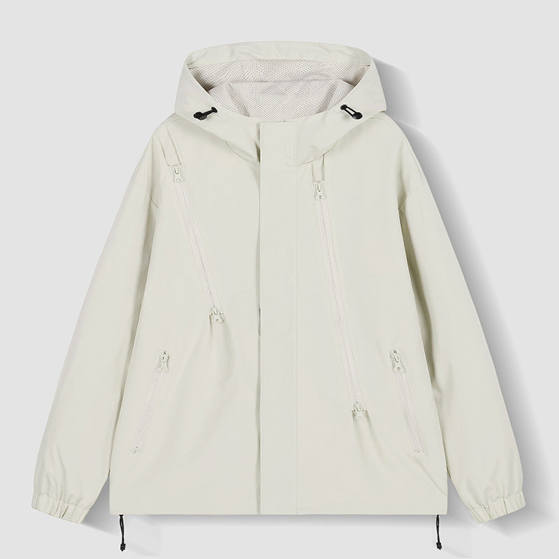 Herren wasserabweisende Kapuzenjacke mit diagonal verlaufenden Reißverschlüssen und verstellbarem Saum Drune