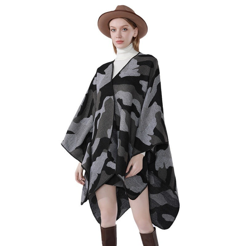 Damen Oversize-Cape mit Camouflage-Jacquard, offener Kimono-Fall und Ziernaht Drune