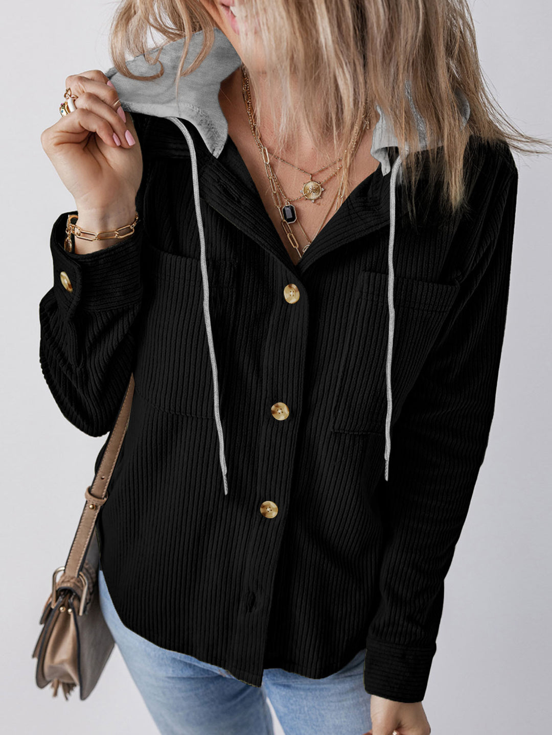 Damen Gerippte Hemdjacke mit Kapuze, Knopfleiste und aufgesetzten Taschen Drune