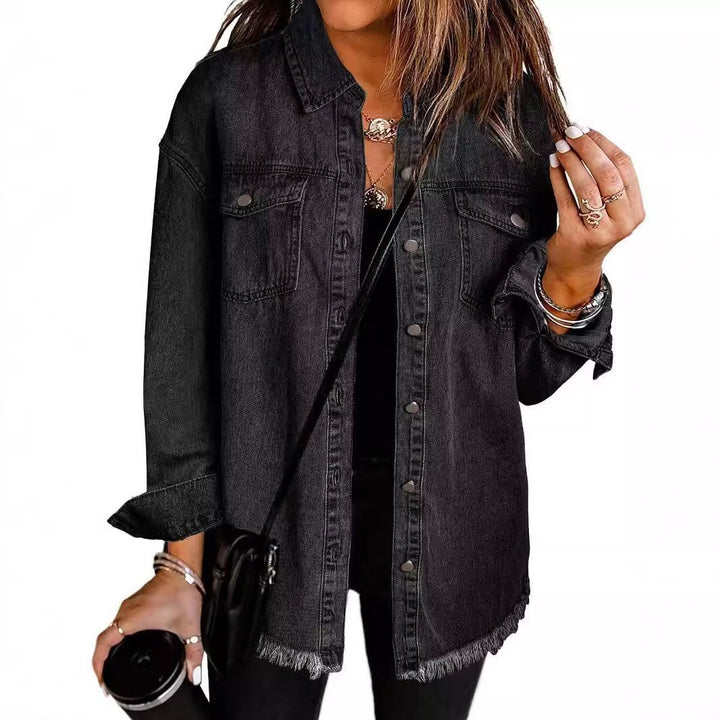 Damen lässige Jeansjacke mit fransigen Säumen und aufgesetzten Taschen Drune
