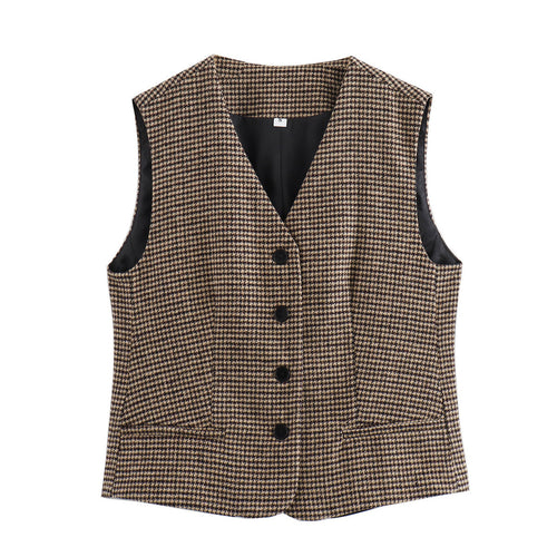 Damen nan tailliertes Hahnentritt-Gilet mit V-Ausschnitt und Knopfleiste Drune