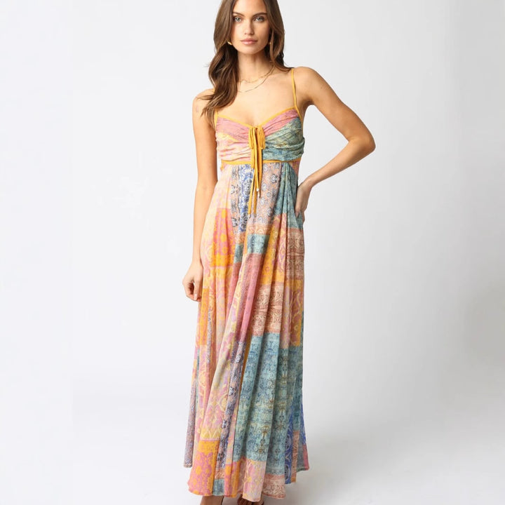 Damen nan bodenlanges Maxikleid mit gerafftem Bustier, Tunnelzug und Patchwork-Print Drune